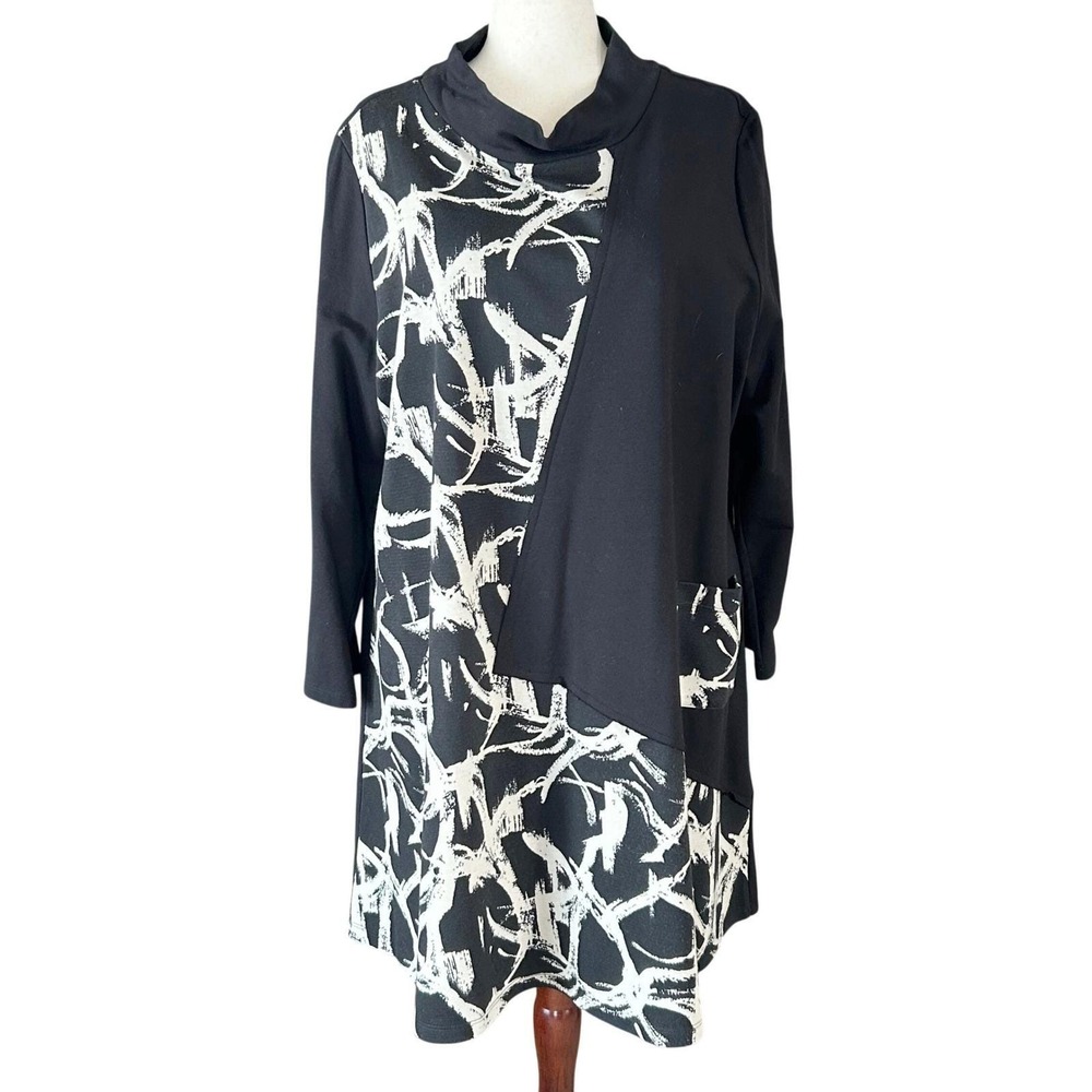 Chalet et ceci Tunic Dress Wms 3X Black White Abstract Asymmetric Lagenlook Art